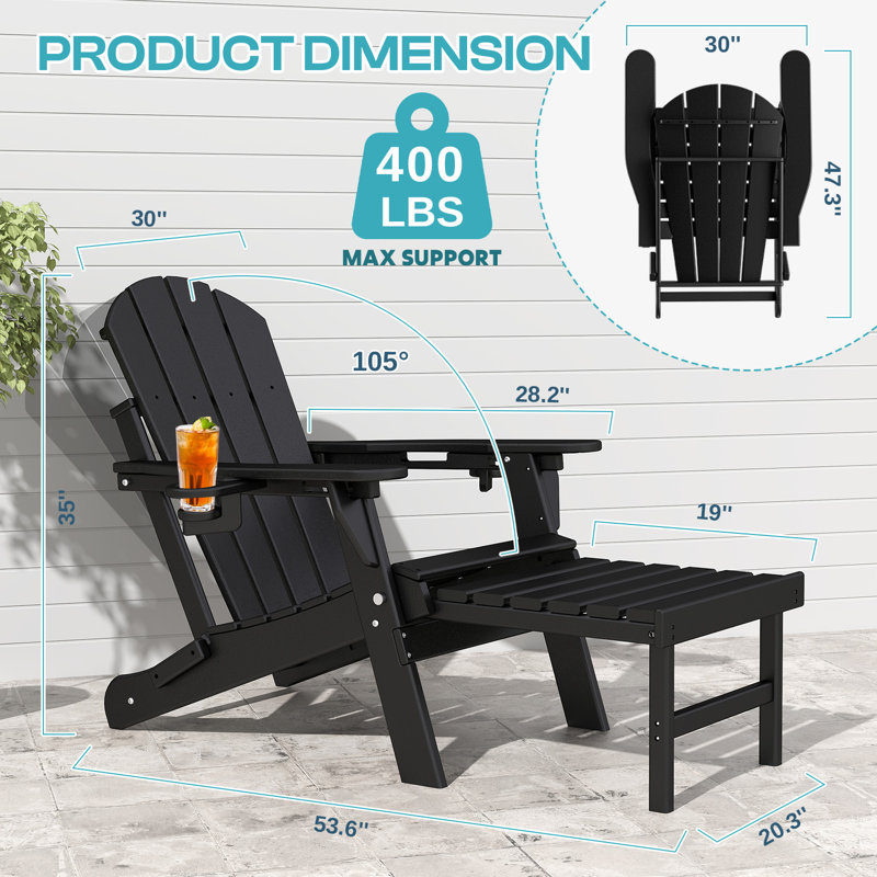 Adjustable Adirondack Chair With Retractable Ottoman Set Of 2, Black