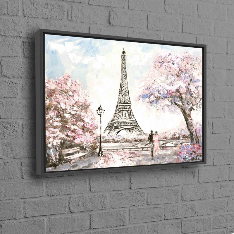 Contemporary Wall Art Of Paris Landscape With Eiffel Tower And Couple Amidst Foliage, 50 cm H x 70 cm W, Black