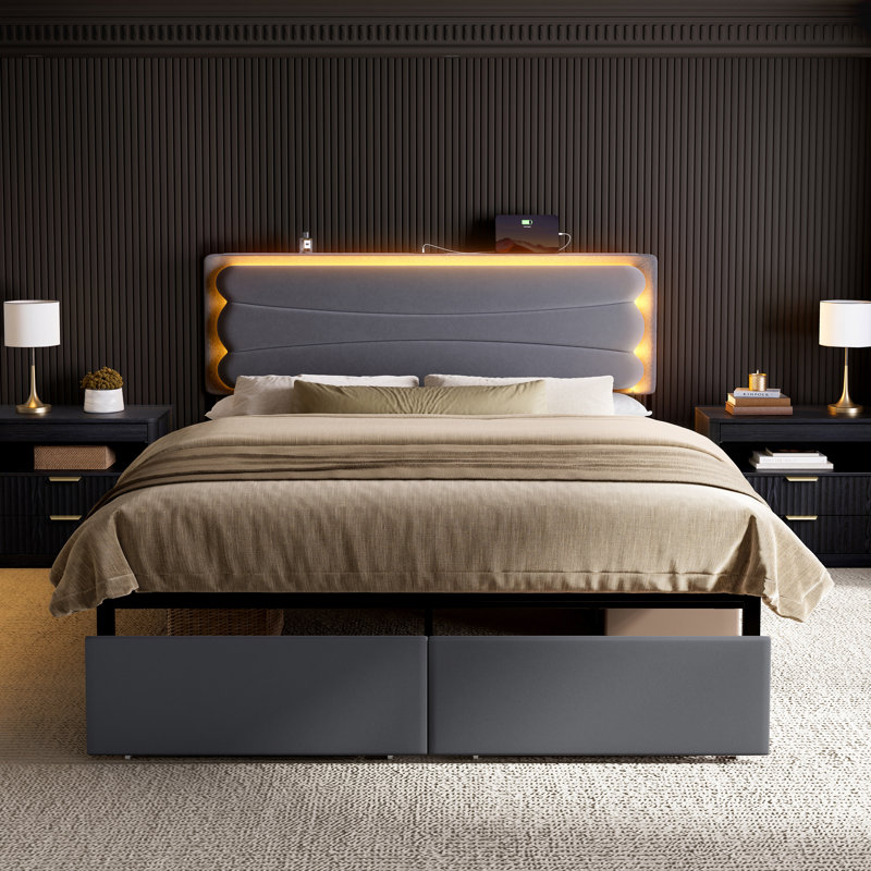 Upholstered Queen Bed with 2 Storage Drawers,Velvet Storage Bed with LED Light and Charging Station,No Spring Boxing Needed