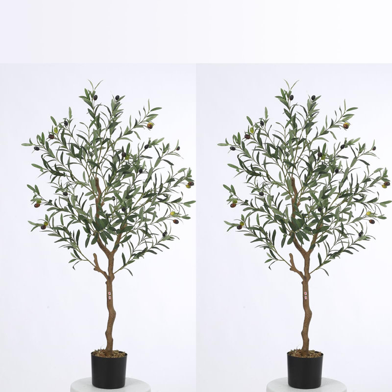 5 Ft Green Faux Silk Olive Tree in Black Pot