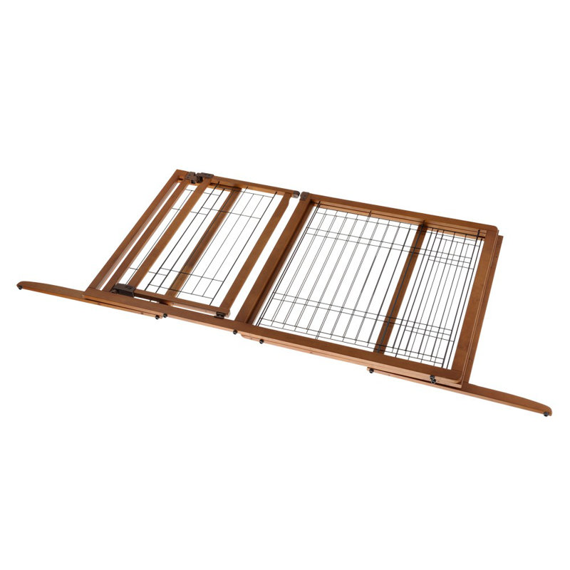 Medium Brown Wood and Metal Freestanding Pet Gate with Door