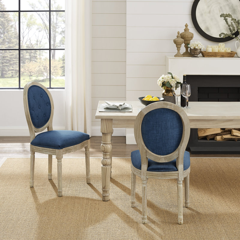 Chaise en lin sans accoudoirs avec finition en bois brossé antique, Marine