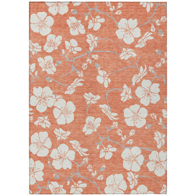 5' X 8' Coral Ivory And Gray Floral Washable Indoor Outdoor Area Rug