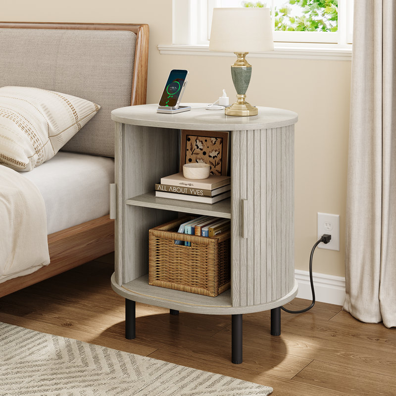 Table de bout ronde en bois 23,5 "avec station de charge, Blanc, 1