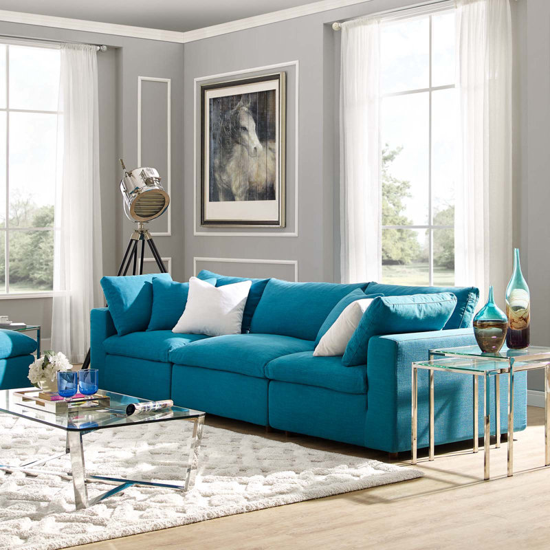 Modway Copper Grove Hrazdan Down-filled Over-stuffed 3-piece Sectional Sofa Set, Teal Plainweave