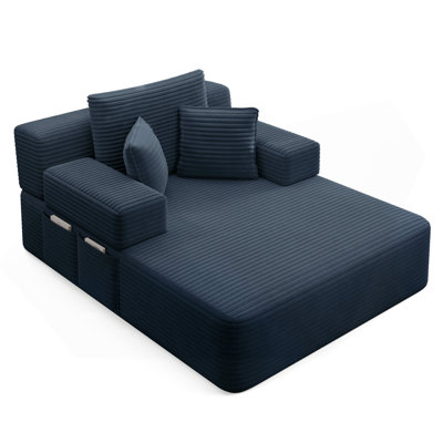 Luxueuse chaise longue en velours côtelé moelleux avec 3 coussins, canapé-lit convertible avec poche de rangement, conception sans cadre et mousse à compression pour les petits espaces, salon, appartement, bleu