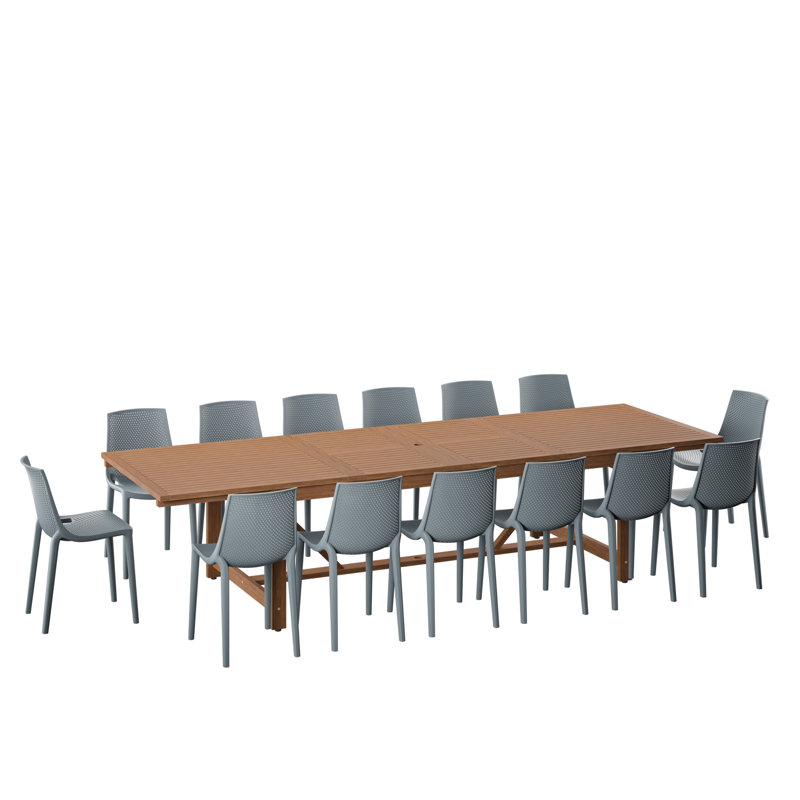 Wayland 15-Piece Outdoor Rectangular Extendable Dining Table And Chairs Set | Teak Finish | Ideal For Patio, Light Brown Table & Grey Chairs