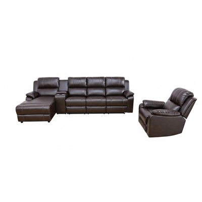 Brown Breathing Leather 4-Piece Recliner Sofa Set, Manual Recline Living Room Furniture With Chaise, Storage Console & Cup Holders