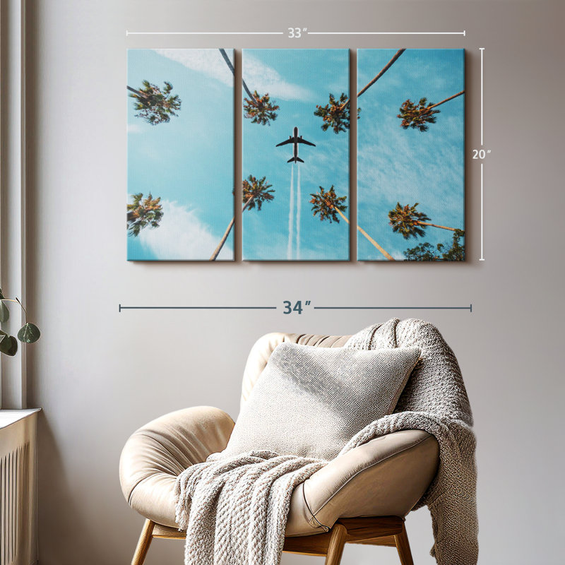 "Air plane au-dessus de palmiers" sur toile, H 20 po x l 33 po x P 1,25 po
