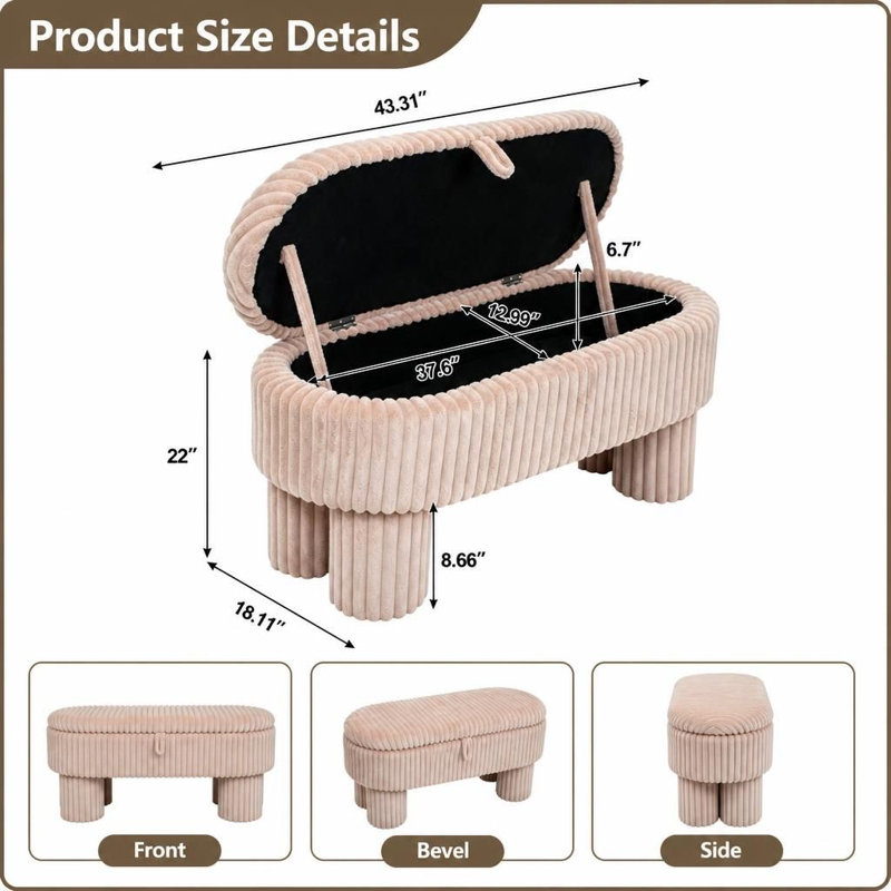 Banc de rangement avec repose-pieds en velours côtelé Corduroy, Pink / Striped, Rose, Rose