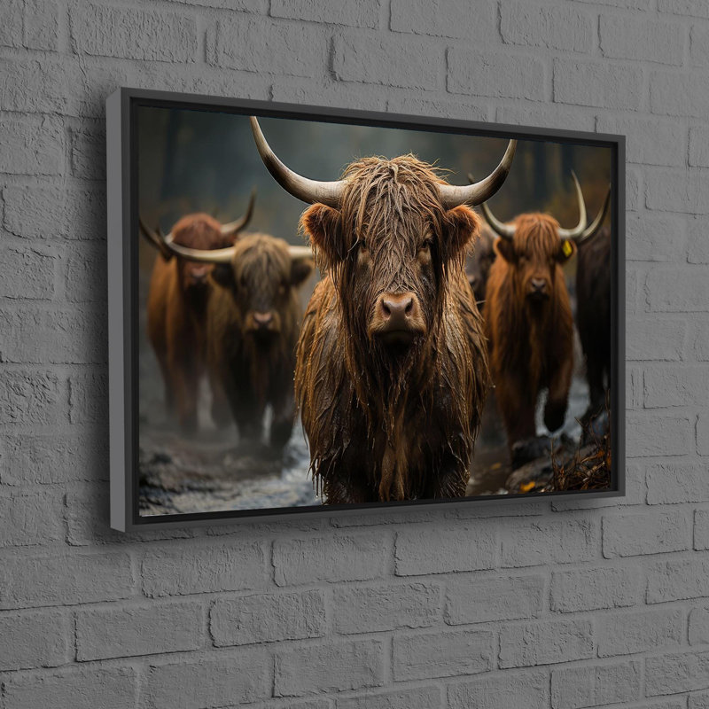 Art mural de ferme écossaise Highland Clever, H 41 po x l 94 po, Noir, Reproduction encadrée sans passe-partout