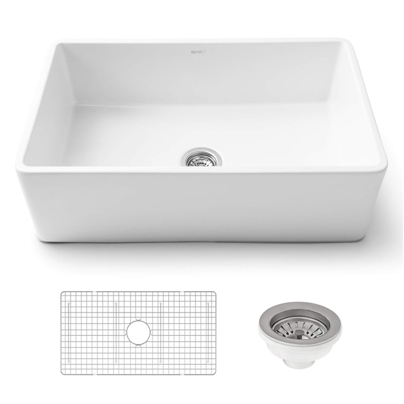 Fiamma 33" L x 20" W Farmhouse Kitchen Sink with Sink Grid and Drain Assembly, White