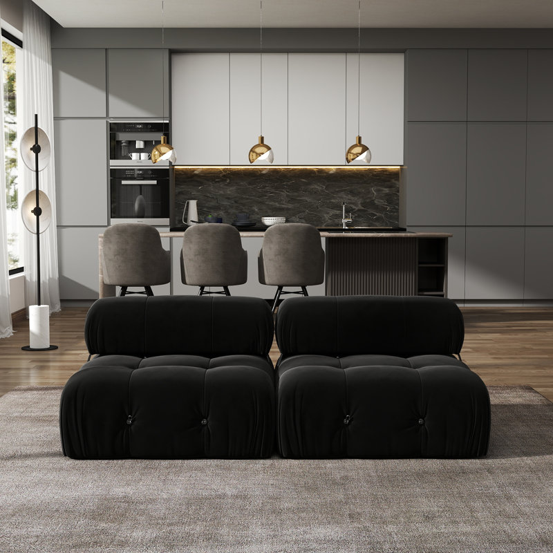 Cylar 2-Piece Upholstered Modern Velvet Armless Modular Loveseat Sofa, Black