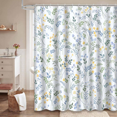 Floral Meadow Flower Plant Abstract White Shower Curtain with 12 Hooks