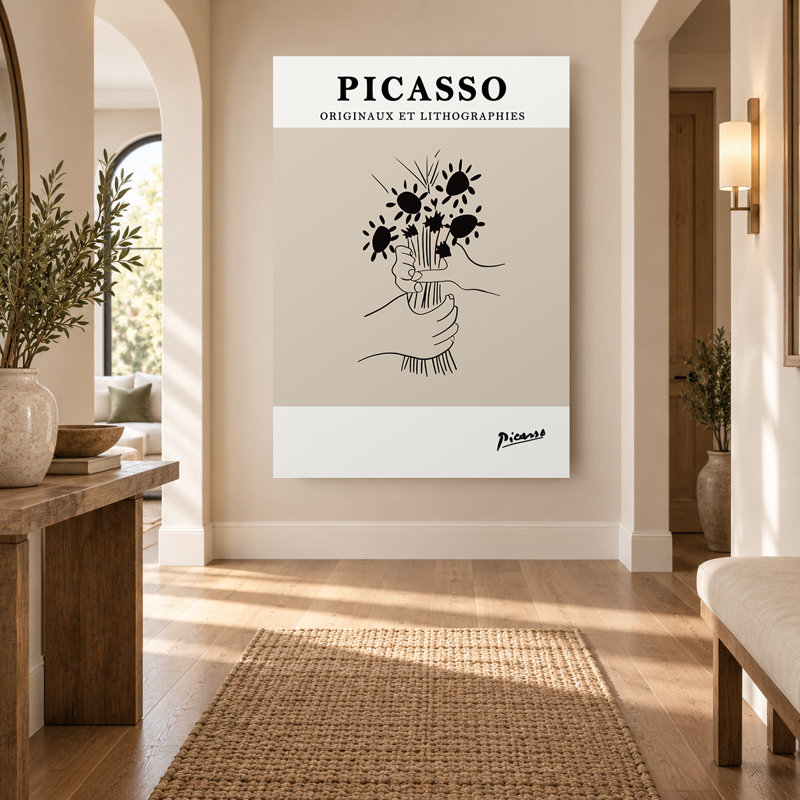 Exposition d'art minimaliste beige avec lignes florales sur toile, 24" H x 16" W