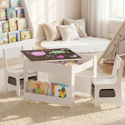 Ensemble de table et de chaises pour enfants 4 en 1, plateau de table réversible avec bibliothèque latérale et tiroir de rangement, mobilier pour tout-petits pour salle de jeux et salle de classe