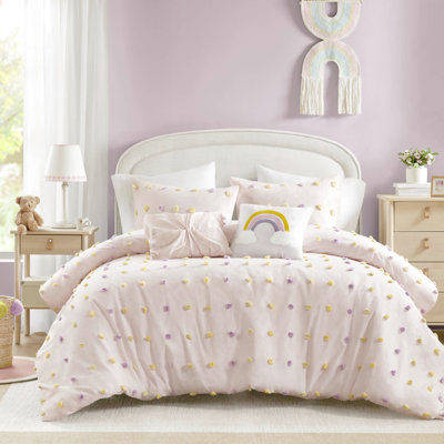 Édredon double / grand 5 pièces, édredon en coton, accents, rembourrage, coussins décoratifs brodés en nuage avec lavable à la machine, comprend des taies décoratives et un arc-en-ciel