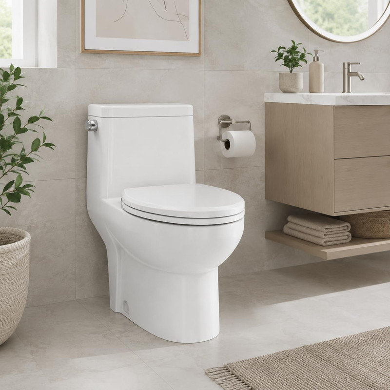 Compact Modern One-Piece Toilet – Round Bowl, Side Flush, Soft Close