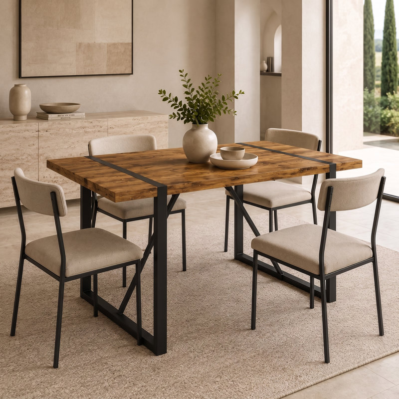 55" Modern Industrial Rectangle Dining Table for Small Spaces, Dark Wood Top / Black Base, 30"H x 55"L x 31.5"W