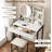 Small Vanity Desk With Mirror And Lights, Makeup Vanity Table With LED Mirror, 3 Lighting Modes, Power Outlet, Drawer, Open Shelves And Cushioned Stool For Bedroom (White And Black)
