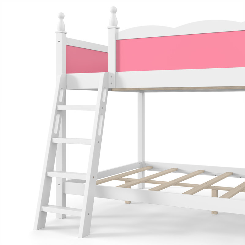 Lit superposé en bois peu encombrant avec glissade, tablettes de rangement et échelle Cavero, Pink & White
