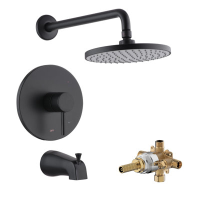 Système de garniture de douche Euro Collection: pomme de douche ronde de 8 po, ensemble de poignées simples, bec de baignoire et valve brute inclus - noir mat