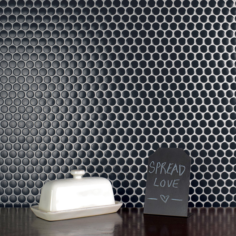 Hudson Penny Round Matte Black 11-7/8" x 12-5/8" Porcelain Mosaic Tile