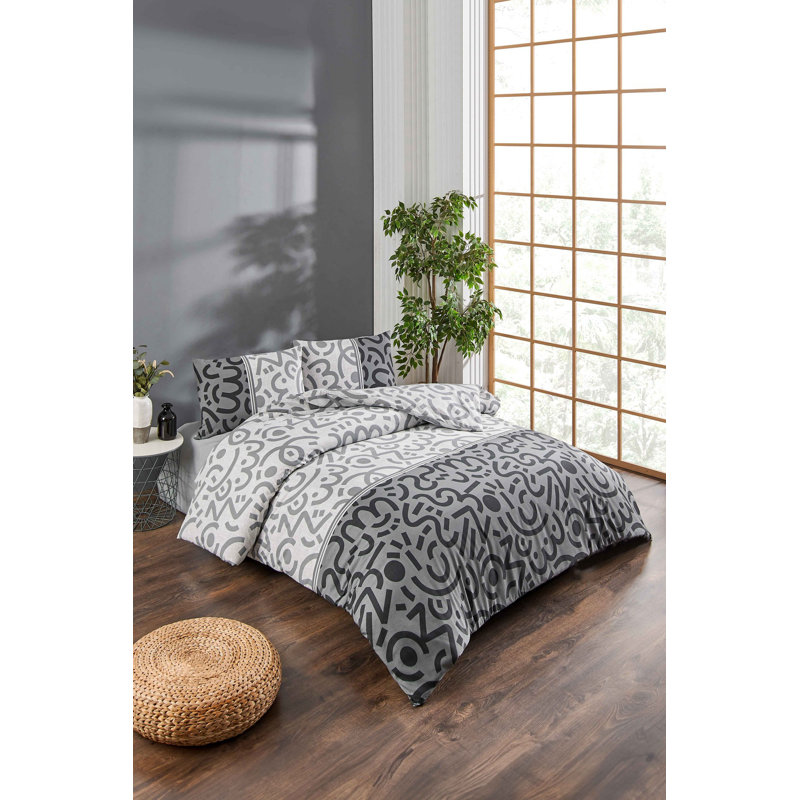Premium Single Quilt Cover Set, Black/White/Grey, 55.1 x 78.7 inches | 65% Cotton / 35% Polyester, Machine Washable, 120 Thread Count, Envelope & Button Closures, Stylish Pigment Printing for Modern Bedroom Decor