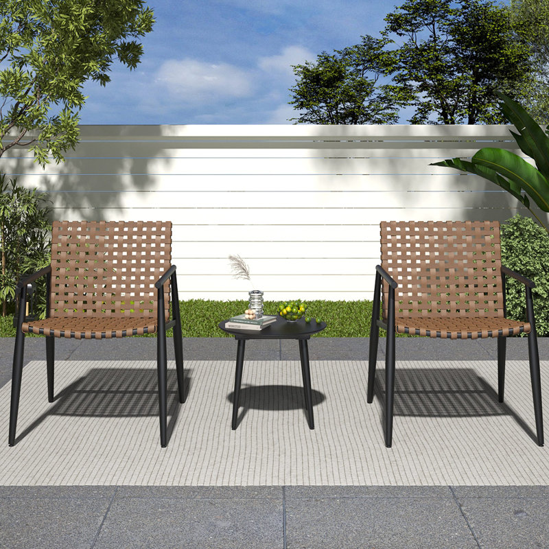 Modern Outdoor Chat Set: 2 PE Rattan Chairs + Black Steel & Tempered Glass Side Table – Durable & Stylish