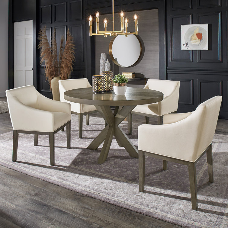 Carrazco Weathered Wood Finish Table With Cross Base Dining Set - 48" Table With Beige Linen, Slope Arm Chairs, 7-Piece