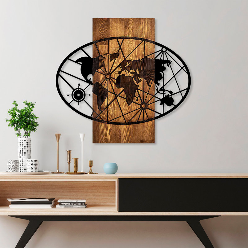 Decorative Wooden Wall Accessory, Walnut & Black Finish, 22.4 x 24.4 inches | 100% Real Wood (Thickness: 1.2 inches) & Metal (Thickness: 0.06 inches) | Unique Design, Perfect for Home Decor & Modern Interiors