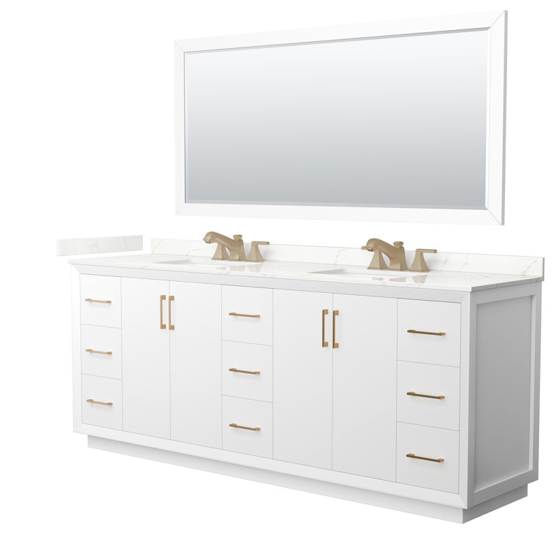 Meuble-lavabo double autoportant 84 po avec plateau en quartz Strada, Quartz Giotto, Blanc, Quartz Giotto