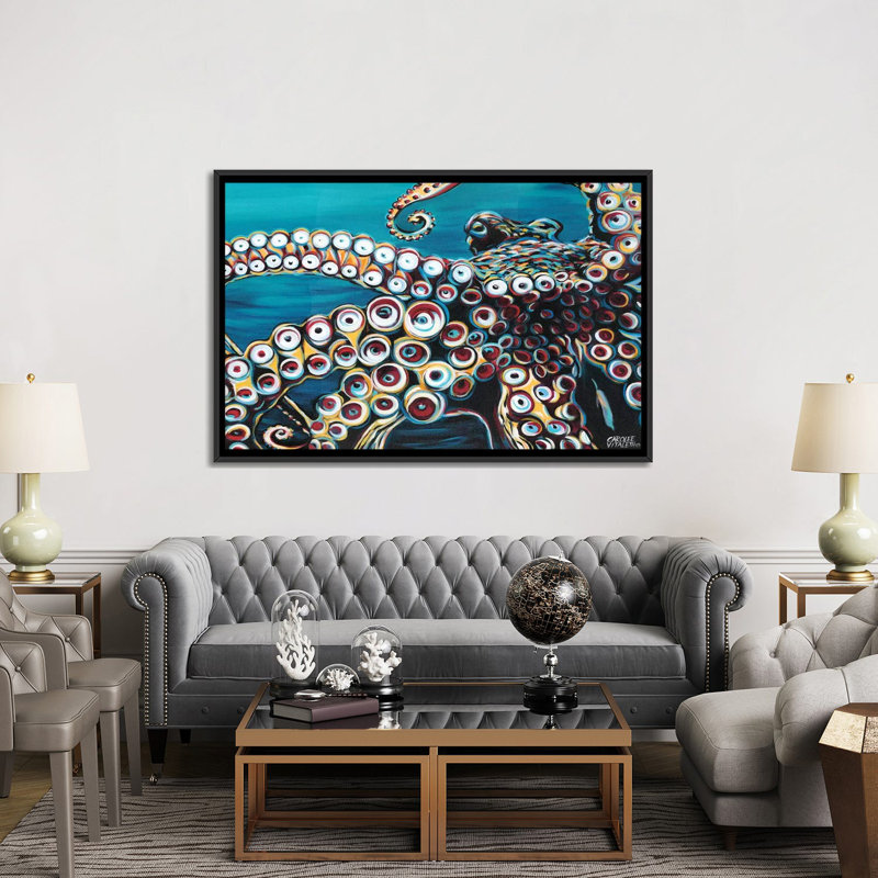«Wild Octopus I» par Carolee Vitaletti - impression d'art graphique, H 40 po x l 60 po x P 1,5 po, Toile avec cadre noir
