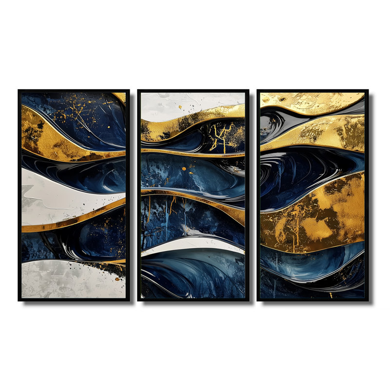 «Hard Edge», bleu et doré, jeu optique en spirale I - Décoration murale abstraite - 3 pièces, H 40 po x l 60 po, Noir