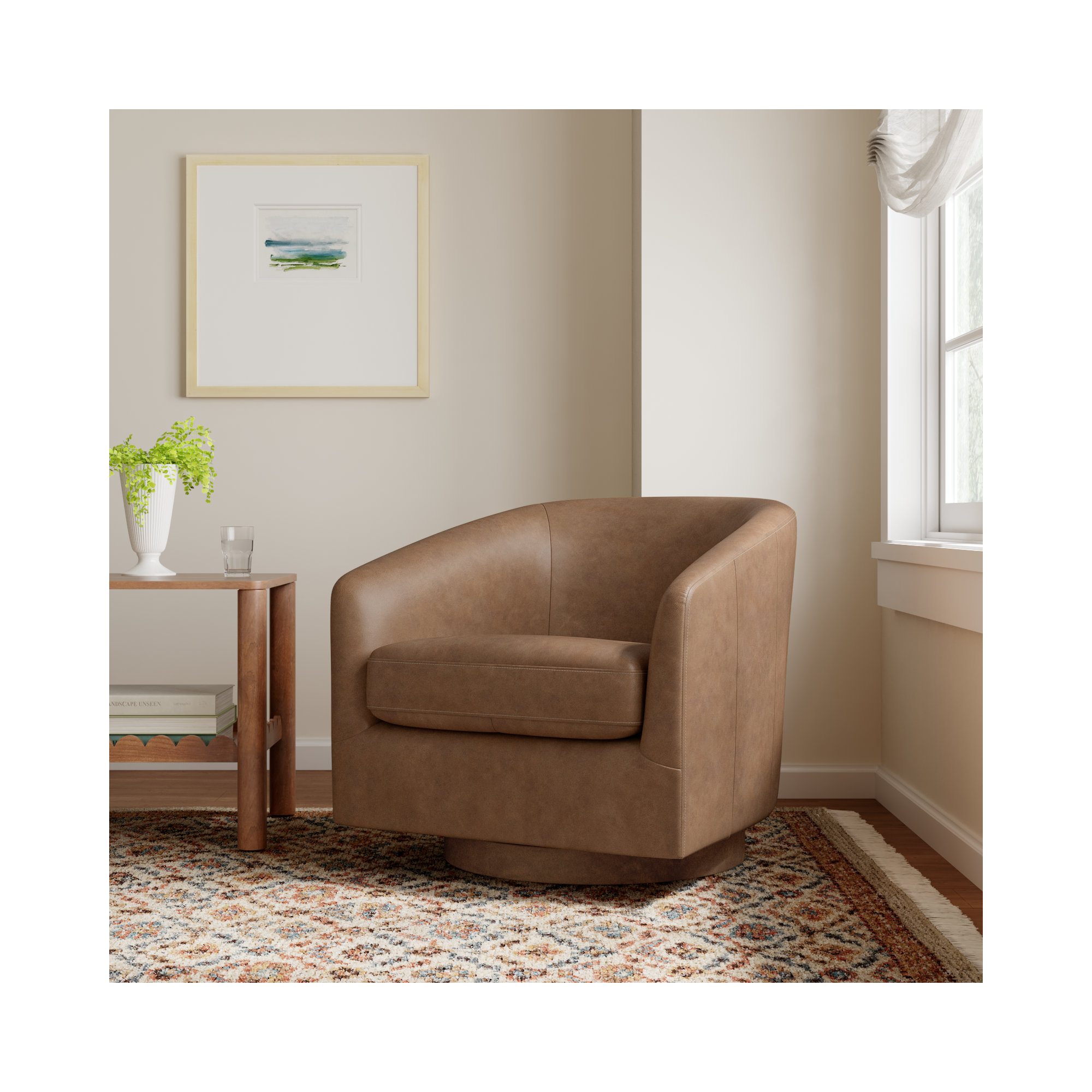 Bennett Genuine Leather Swivel Barrel Chair, Marseille Camel Top Grain Leather