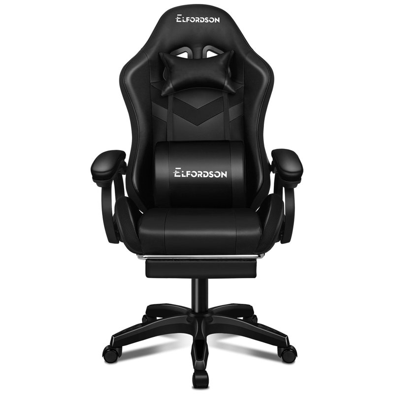 ELFORDSON Adjustable Reclining Faux Leather Swiveling PC & Racing Game Chair, Black