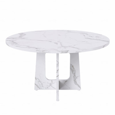 47.24" Round White Marble Effect Dining Table, 300lb Capacity, Modern Spiced Table Base for 4-6 Guests