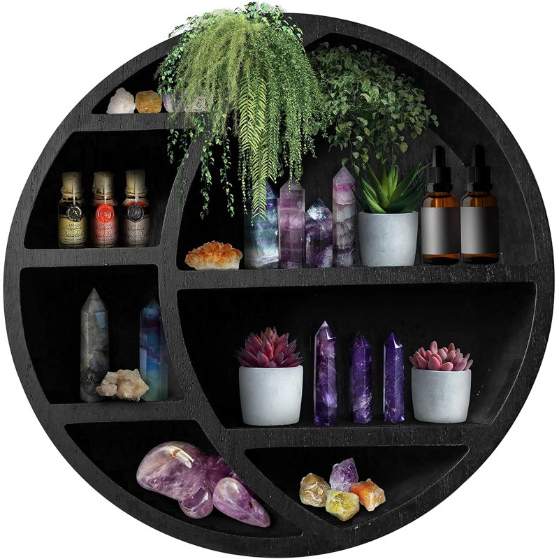 Wooden Crescent Moon Wall Shelf - Boho Home Decor Hanging Display Shelf For Bedroom, Living Room, Nursery - Handcrafted Storage Shelf For Crystals, Plants, And Essential Oils
