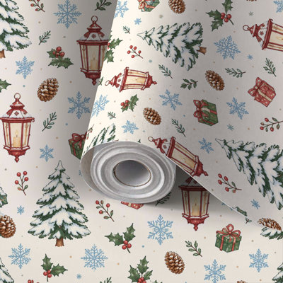 Peel and Stick Wallpaper Christmas Winter Holiday Snow Covered Trees Lanterns Pine Cones Removable Self Adhesive Contact Paper Decorative Wall Covering Renter Friendly DIY for Bedroom Living Room Kitchen Bathroom Accent Wall