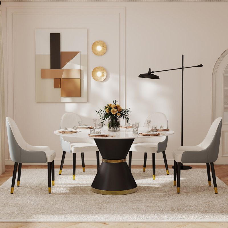 Benedic 6 - Person Modern Round Sintered Stone Dining Set with Pedestal Base, White, Gray