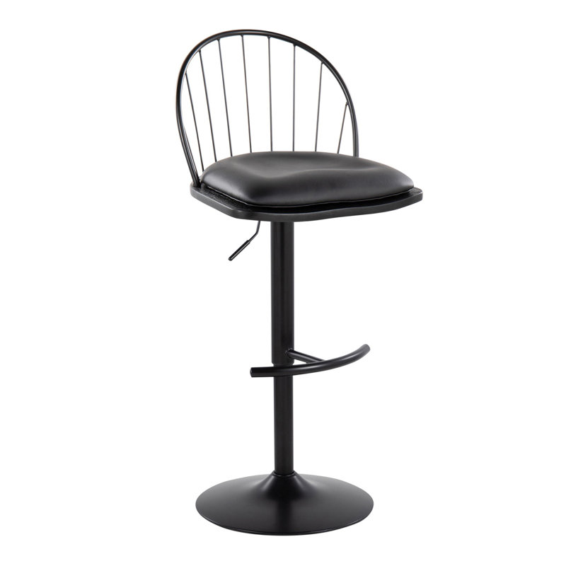 Tabouret de bar à hauteur ajustable Farmhouse avec pivot en métal noir, bois noir et similicuir noir avec repose-pieds arrondi en T - ensemble de 2