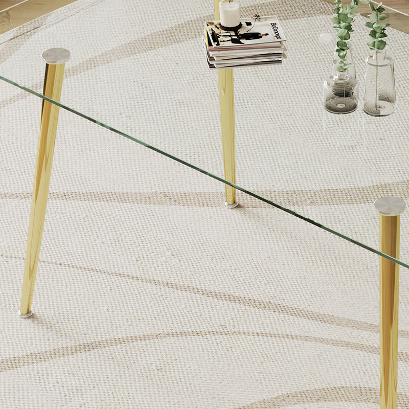 0.32" Thick Tempered Glass Top Dining Table With Gold Legs, 61.67 In Depth, 36.31 Width, 29.8 Height, 85.62 Lb Weight, Contemporary Look, Heat - Tolerant Glass, Stable Structure Support Metal Modern