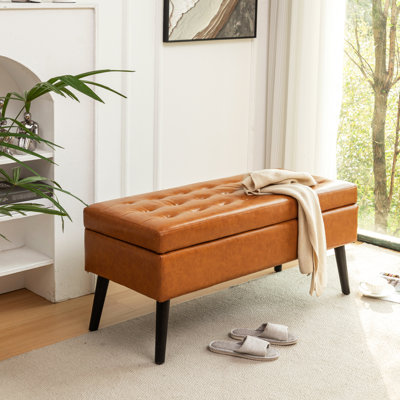 Banc de rangement pour chambre à coucher en cuir brun: 43,3 po x 17,7 po, banc d'espace: l 43,3 po x 17,7 po en cuir avec charnière
