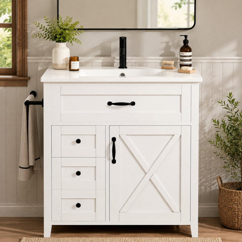 Meuble-lavabo moderne blanc de 76 cm avec lavabo, meuble-lavabo autoportant de style champêtre avec lavabo simple, 3 tiroirs, rangement inclinable, étagères de porte (robinetterie non incluse)