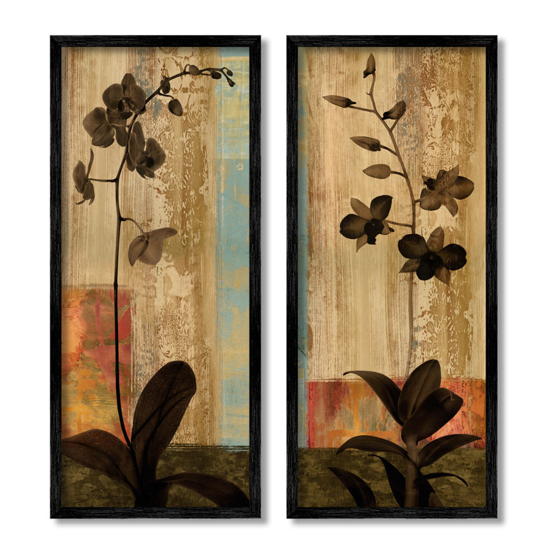 «Modern Boho Orchid Blooming», ensemble de 2 impressions sur toile encadrées par Chris Donovan, Giclée encadrée noir minuit