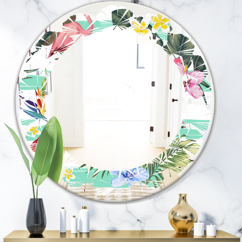 Miroir mural Leaves, H 31,5 po x l po, Feuilles, fleurs botaniques et flamant rose