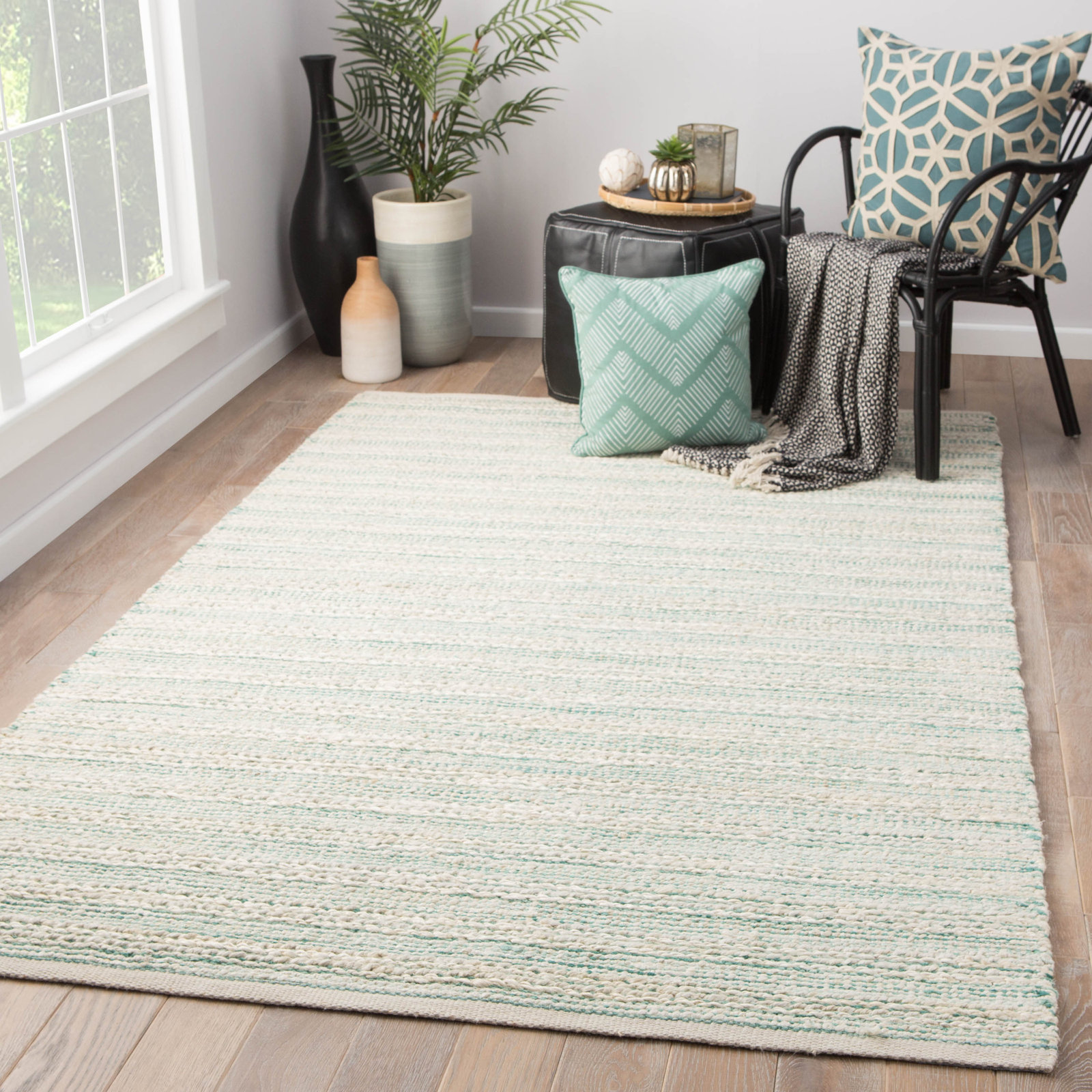 Ian White Gray Teal Striped Flatweave Rug, Rectangle 6' x 9'