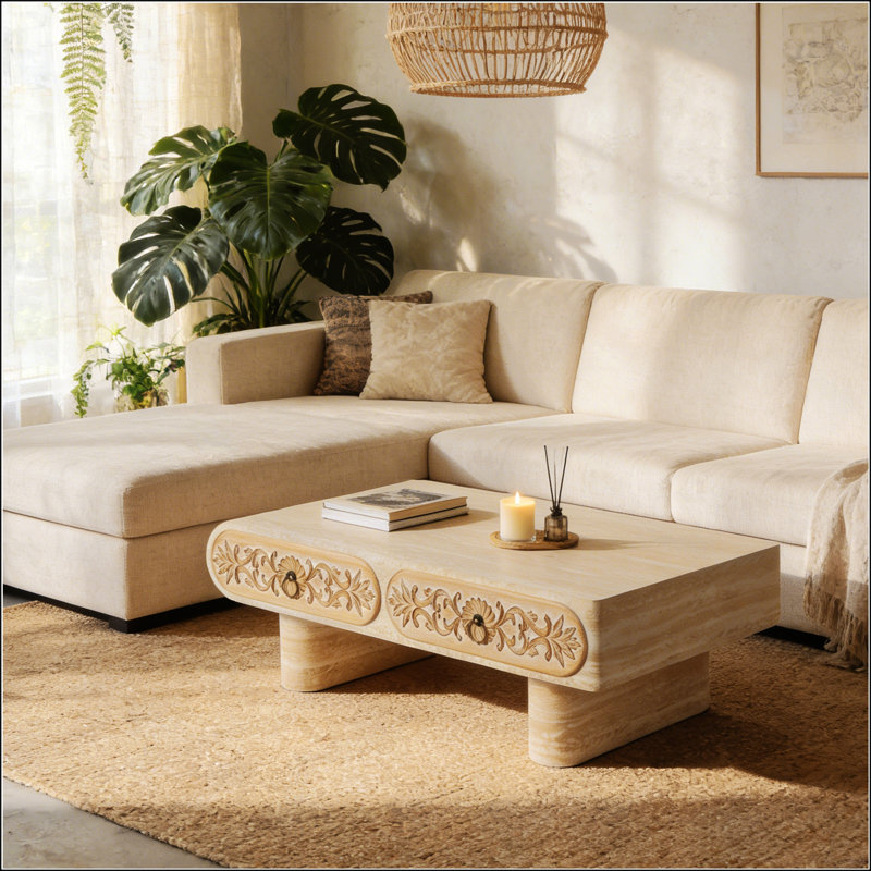 Table basse à bord arrondi avec tiroir en bois massif à motif floral, parfaite pour le salon et le bureau