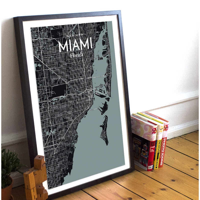 « miami city map », reproduction d’impression sur affiche en minuit, H 27,6 po x l 19,7 po x P 0,05 po