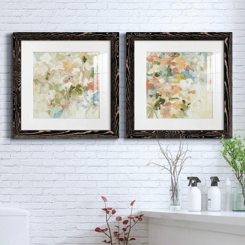 Floral Blush I - ensemble de 2 reproductions d'art sur papier, Cadre noir, H 20 po x l 40 po x P 1,5 po